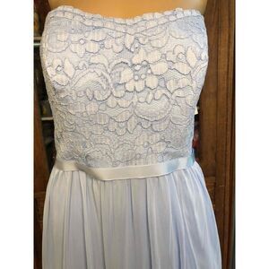 Davids Bridal Ice Blue Formal Dress Lace Bodice Ribbon Waistband Strapless  10